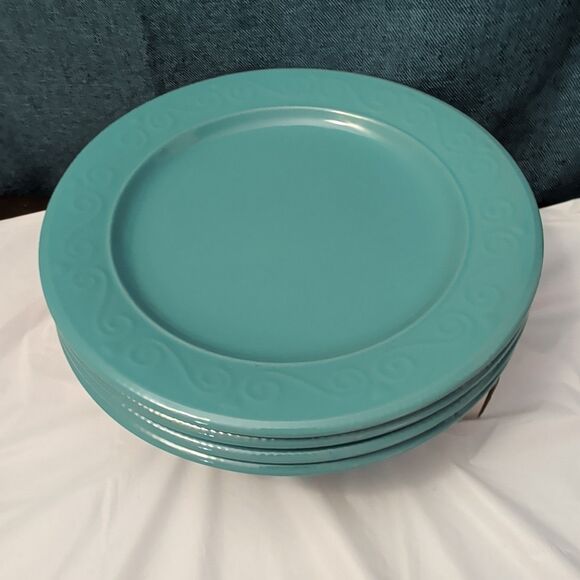 Royal Norfolk Other - Set of 4 Royal Norfolk Dinner Plates Turquoise Teal Blue Scrolls Rim 10.5"
